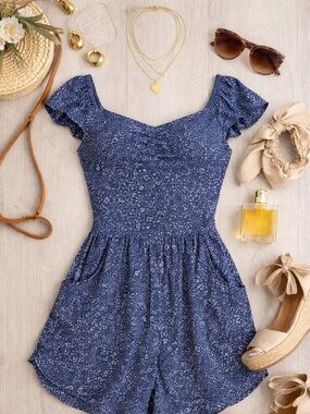 Hollister Blue Floral Off-Shoulder Romper